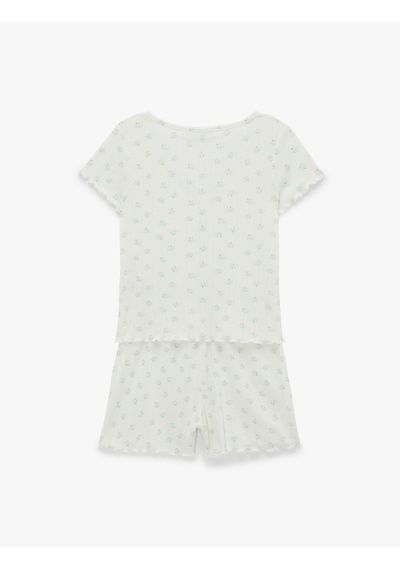 Koton Düğmeli V Yaka Kısa Kollu Desenli Şortlu Pijama Takımı Beyaz Beyaz 6slk40141mk