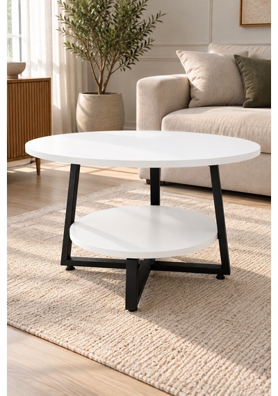 Yuvarlak Orta Sehpa 69,5 Cm İki Katlı Raflı Metal Ayaklı Modern Dekoratif Salon Sehpası Beyaz Yuvarlak Orta Sehpa 69,5 Cm İki Katlı Raflı Metal Ayaklı Modern Dekoratif Salon Sehpası Beyaz