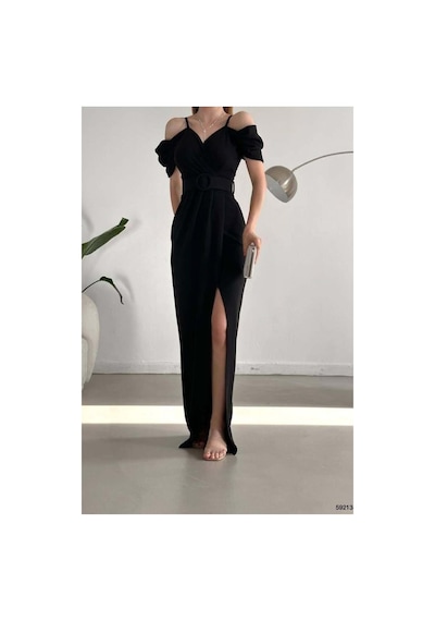 DefyModa Kadın Minimal Krep Kumaş V Yaka Yırtmaçlı Abiye Elbise Siyah