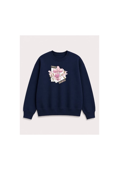 Herkesemoda Choose Çiçek Baskılı 2 İplik Şardonlu Bisiklet Yaka Sweatshirt Lacivert