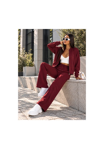 Gugus Kadın Fermuarlı Kolej Yaka Aysho Model Bol Paça Wide Leg Eşofman Takımı Bordo
