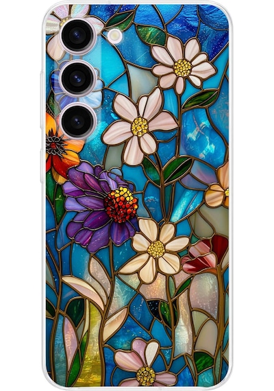 Printify Samsung Galaxy S23 İle Uyumlu Vitray Mavi Bahar Tasarımlı Şeffaf Silikon Kılıf Şeffaf