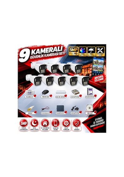 9 Kameralı Güvenlik Kamerası Seti 5mp Yapay Zeka Gece Renkli Görüş 21 Warm Led Ultra Hd 521w
