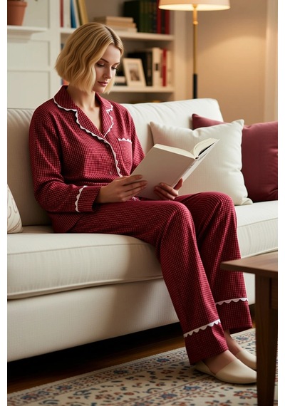 Benerly Kadın Gömlek Yaka Uzun Kol Regular Kalıp Shally Dokuma Pijama Tak bordo