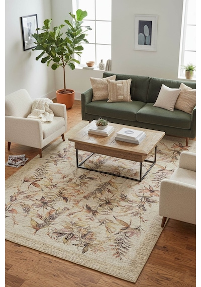 Artloop Florart Bej / Mor Vintage Dokulu Çiçek Desenli Dokuma Tabanlı Şönil Halı Al 469 Bej - Mor