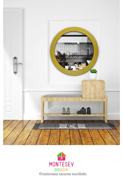 Zümrüt Ahşap Gold Yuvarlak Ayna Işlemeli Duvar Banyo Aynası 56 Cm Gold