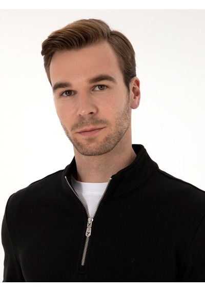 Siyah Regular Fit %100 Pamuk Yarım Fermuarlı Sweatshirt