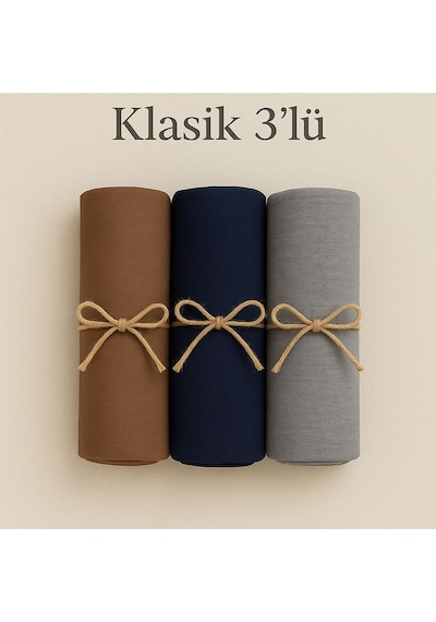 Mim Eşarp Penye Pamuksu Şal Klasik 3 Lü Set Vizon - Lacivert - Gri