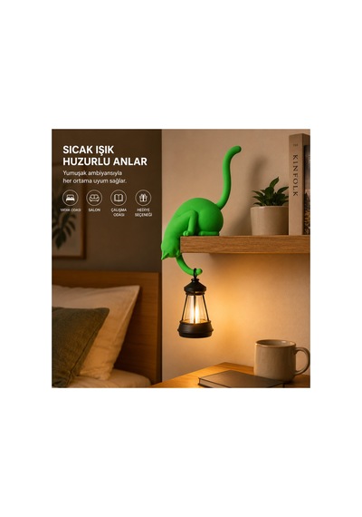 Modern & Şık - Minimalist Kedi Tasarımlı Dekoratif Raf Lambası Gece Lambası Açık