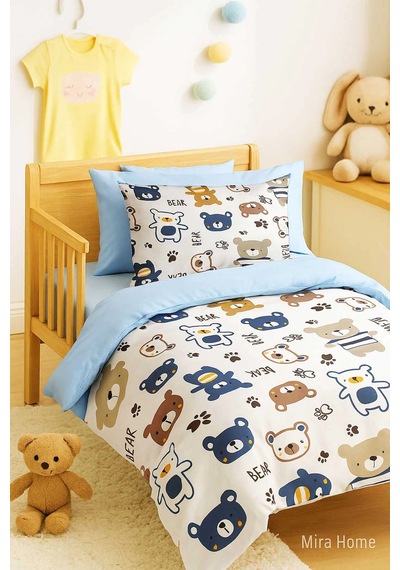 Dijital Baskılı 3d Pamuklu Yenidoğan Bebek Nevresim Takımı Bear Toy Blue Çok Renkli