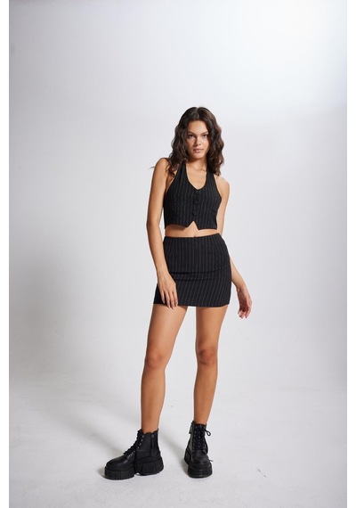 Holly Lolly Boyun Bağlamalı Crop Striped Yelek Siyah