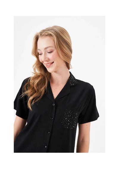 Moda Dua Pjs 29006 Kadın Kısa Kol Önden Düğmeli Pijama Takımı siyah
