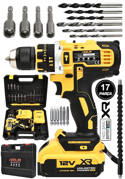 Assur ASR147 12V Çift Akülü Vidalama Darbeli Şarjlı Matkap Sarı