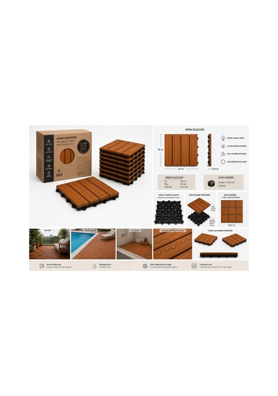Solen Akasya Ahşap Yer Karosu 30x30x2,25 Cm 4 Dilimli Geçmeli Deck Karo Balkon, Teras, Bahçe Ve Duş Zemini 9 Adet 0,81 M²