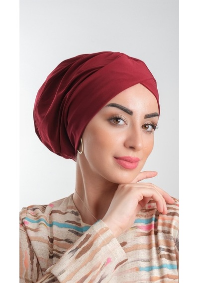 Hürrem Bone Bordo Pratik Hazır Geçmeli Tesettür Bone Sandy Kumaş Büzgülü 2114 Bordo