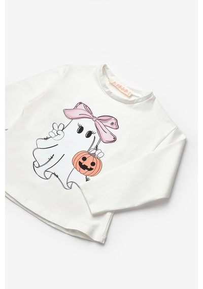 Le Mabelle Beyaz Sevimli Hayalet Baskılı Uzun Kollu Halloween Kız Çocuk Tişört Beyaz