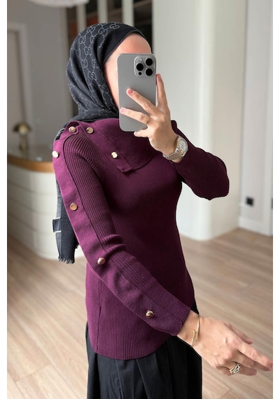 Kahijab Asimetrik Yaka Truvakar Kol Triko Bluz - Mürdüm