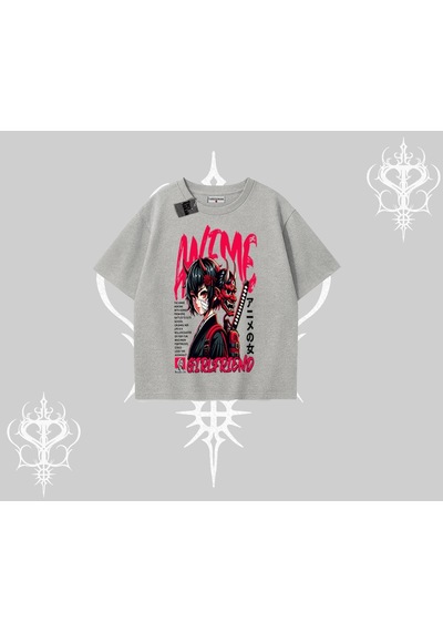 Startmore Startmore Oversize Tshirt Anime Girlfriend Kırmızı Gri