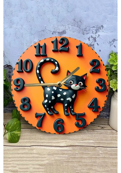Siyah Noktalı Kedi Figürlü Çift Katmanlı Mdf Duvar Saati 3d Görünümlü Tasarım 33 Cm Sdw340 Renkli