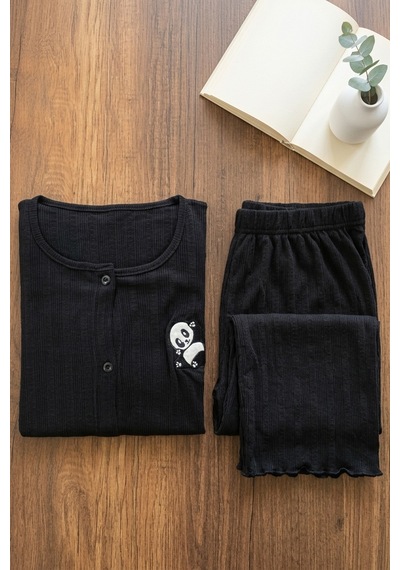 Mataş Kadın Ayıcık Desenli Bambu Viskon Kısa Kollu Yumuşak Soft Örme Pijama Takımı Siyah