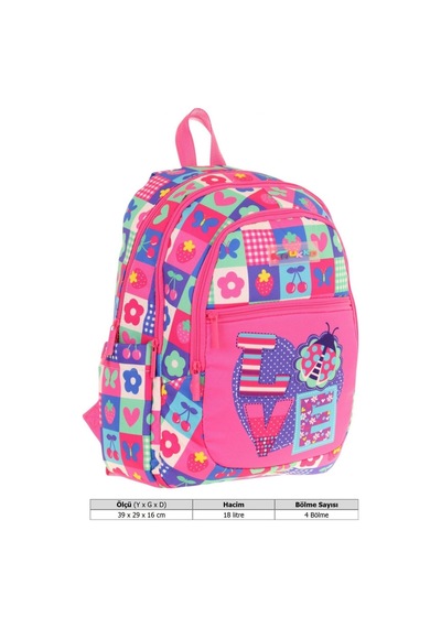 Kaukko Üç Bölmeli Kız Çocuk İlkokul Sırt Çantası L5229 - Pembe Mavi - Love Desenli Pembe - Mavi