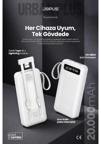 Jopus 20000mah Powerbank Dahili Kablolu, Lcd Ekranlı, Led Lambalı, Taşınabilir Şarj Cihazı Beyaz