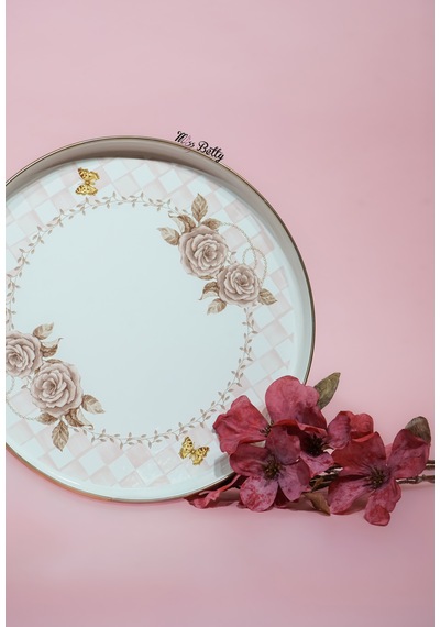 Rosadora Emaye Çay Tepsisi Dekoratif Vintage Servis Tepsisi Pembe