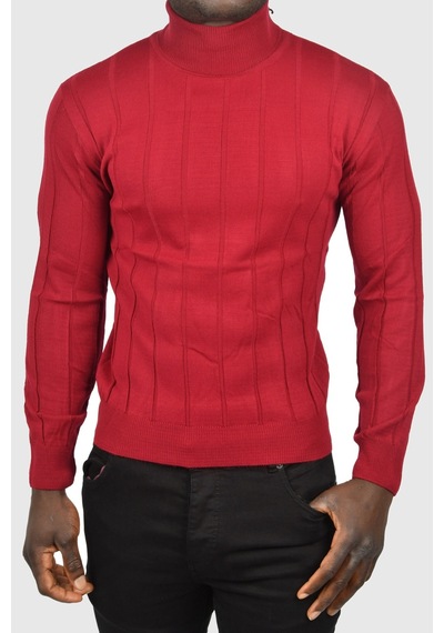 Deepsea Erkek Bordo Slim Fit Likralı Tam Balıkçı Yaka Çizgili Boğazlı Kazak 2505504 Bordo