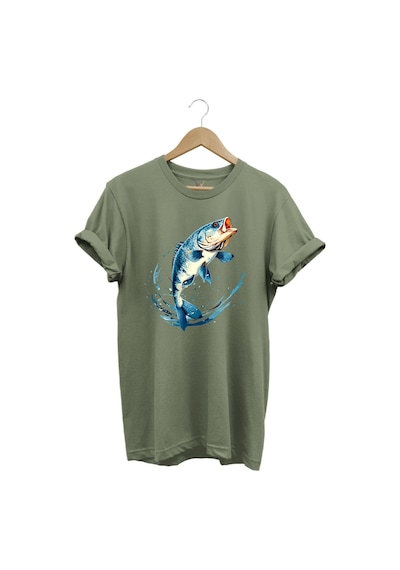 Balıkçılık Levrek Balığı Baskılı Renkli Tasarım %100 Pamuk Regular Fit Bisiklet Yaka Haki T-shirt Haki