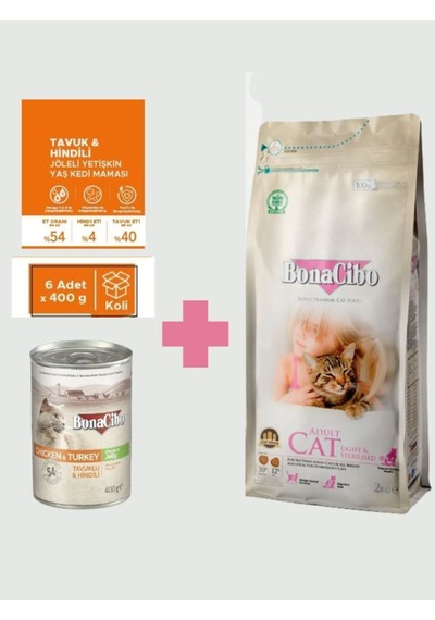 Bonacibo Light & Sterilised Kedi Maması Seti 2 Kg Kuru + 6x400 Gr Tavuk Ve Hindi Konserve