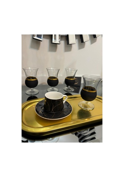 Gala 4'lü Kahve Yanı Su Bardağı, Çay Bardağı, Yaldızlı Black 4'lü Ayaklı Bardak Gold-yaldız-çok Renkli-siyah