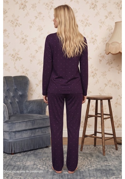 Siyah İnci Mor Desenli Düğmeli Dantelli Viskon Örme Pijama Takım 26224681