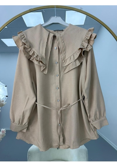 Lovie Moda Fırfır Yaka Bağcıklı Tunik Bej