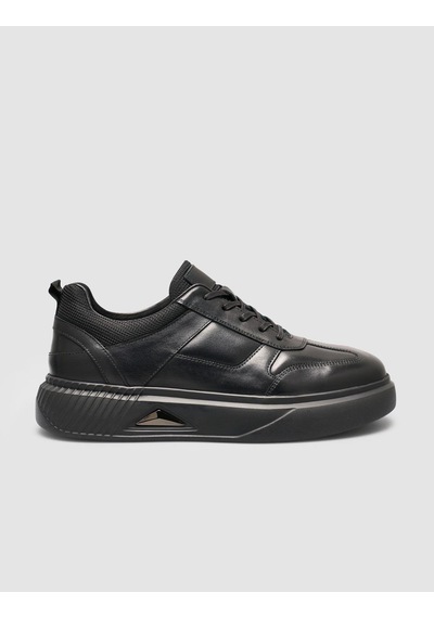 %100 Deri Siyah Taban Armalı Erkek Sneaker Ayakkabı Siyah
