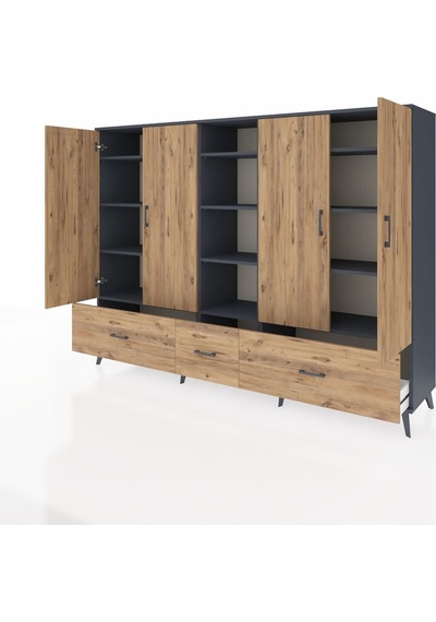 Hyperion Dolap 12 Raflı 3 Çekmeceli 4 Kapaklı 220x44x163 Antrasit Antrasit-çam