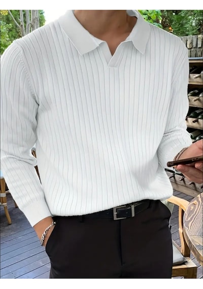 Beyaz Erkek Polo Yaka Fitilli Triko Kazak Kırık Beyaz