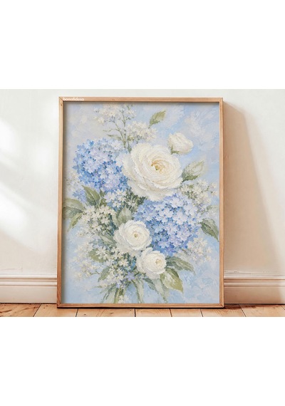 Pastel Çiçekli Baskılı Duvar Sanatı, Kır Evi Tarzı Çiçek Posteri, Mavi Ortanca Beyaz Şakayık Tablosu, Fransız Kırsal Tarzı Dijital İndirme Baskısı