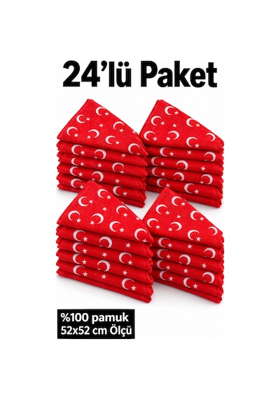 Herşeynota 24 Lü Ay Yıldızlı Kırmızı %100 Pamuk Fular Bandana 52x52 Cm Okul Tören Etkinlik Çok Renkli
