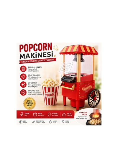 Tmp01 Retro Mısır Patlatma Makinesi Yağsız Ev Tipi Popcorn Makinesi 1200w Kırmızı Sinema Arabası Tasarımlı