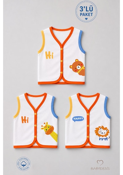 Babyden's 3'lü Bebek Yeleği %100 Pamuk Çıtçıtlı Mevsimlik Yenidoğan Bebek Yelek Seti Safari Baskılı Unisex 0-9 Ay Çok Renkli