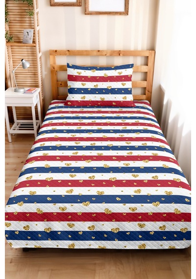 Kalpli Çizgili Lacivert Genç Odası Tek Kişilik Pike Takımı-kırmızı 160x220 Cm Kapitone Yatak Örtüsü Ilık Doku Çizgisi