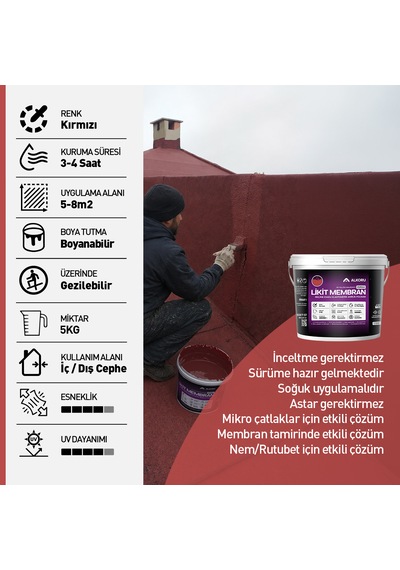 Alkoru 5 Kg Kırmızı Kumlu Likit Membran Renkli Reçine Esaslı Sıvı Su Yalıtım Malzemesi