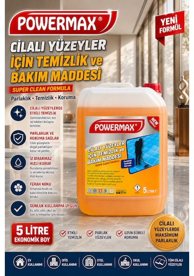 Powermax Cilalı Yüzeyler İçin Temizlik Maddesi 5 Litre Profesyonel Yüzey Bakım Ürünü Tekli