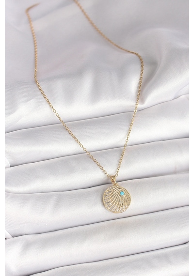 Mey İthalat 316l Çelik Renk Zincir Zirkon Taş İşlemeli Mavi Taş Detaylı Madalyon Model Kadın Kolye Diğer