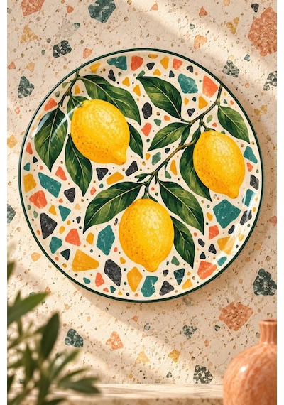 Dekoratif Duvar Tabağı Limonlu Retro Esintiler Dekorlu Seramik Tabak Krem
