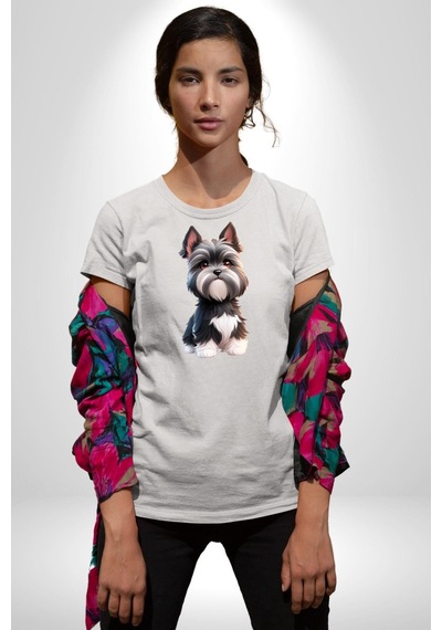 Sevimli Beyaz Gri Köpek Unisex Unisex Beyaz Organik Baskılı T-shirt Penye Yüksek Kalite Beyaz