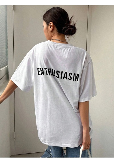 Unisex Beyaz Oversize Enthusiasm Baskılı Örme T-shirt Beyaz