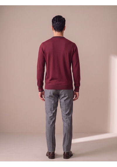 Maccali Erkek Bordo Kontrast Şeritli Bisiklet Yaka Triko Sweatshirt