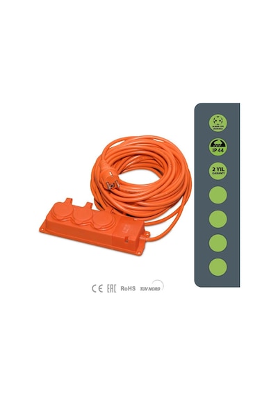 Bylion 3way Serisi Ip44 Seyyar Uzatma Kablosu 10 Metre 3g2,5mm² Türk Malı, Yüksek Darbe Dayanımı, Ev/ofis , Dış Mekan, Turuncu Kablo