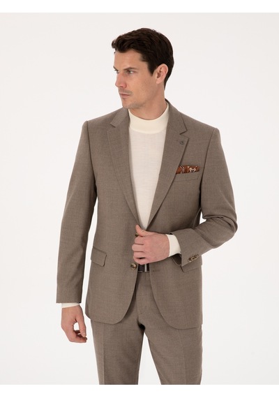 Cacharel Camel Slim Fit Yün Karışımlı Mikro Desenli Klasik Ceket Kahverengi